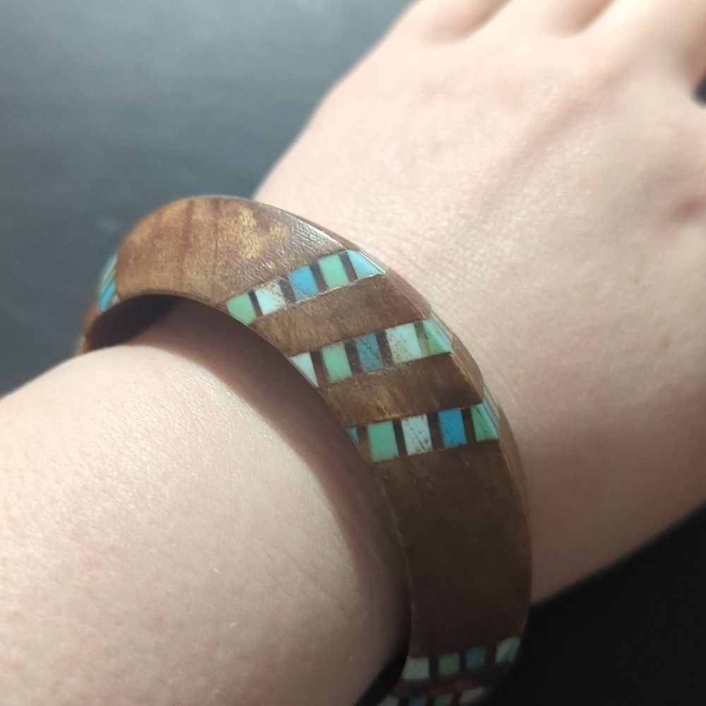 Brown Wood and Blue Inlaid Bangle Statement Bracelet